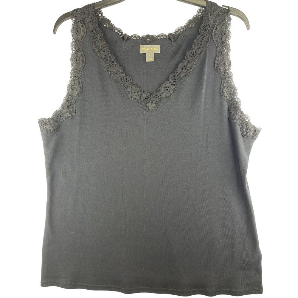Style & Co. XL Scallop Tank Top Lace Trim Deep Black